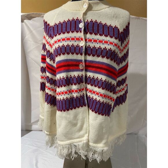 Vintage Hand Knit Chevron Fringe Poncho Multicolor One Size Women - Picture 2 of 4